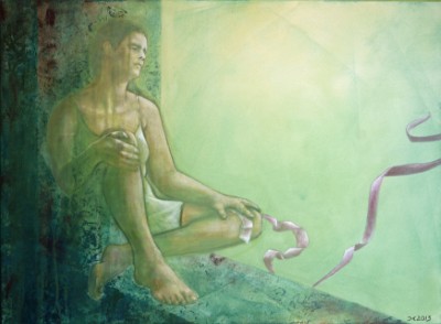 Ölbild einer Frau in grünem Kleid an einem Fenster sitzend